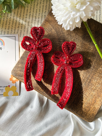 Glam Bow (Deep Red) Handmade Beaded Earrings