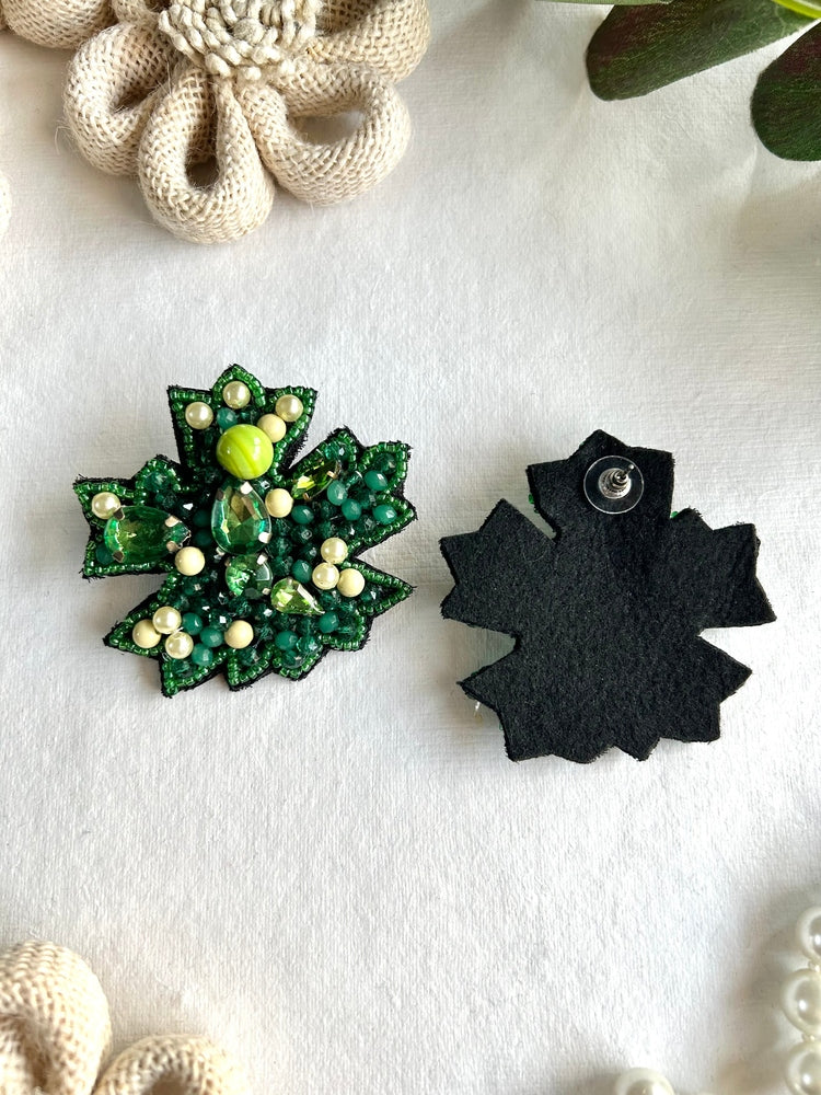 Green Autumn Leaf Handmade Beaded Earrings