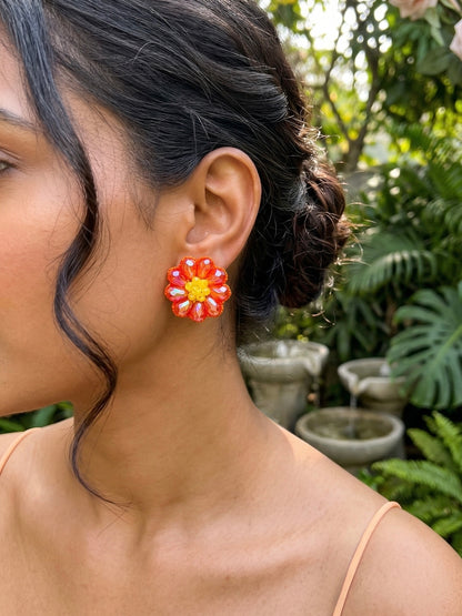 Sparkling Sunset Orange Flower Handmade Beaded Stud Earrings