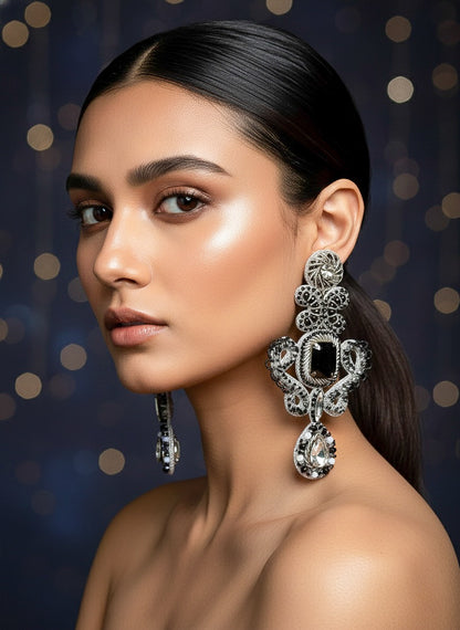 Aashna Silver Black Handmade Beaded Statement Earrings