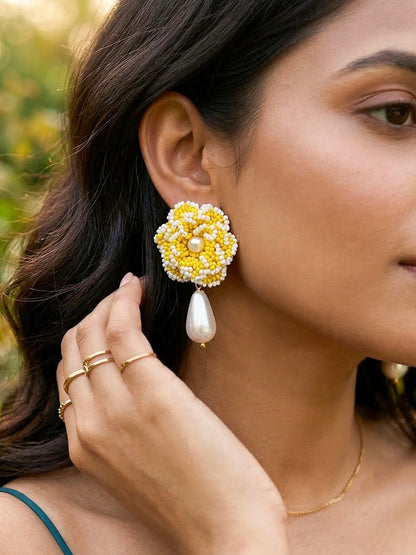 Crochet Yellow White 3D Rose Pearl Drops Flower Handmade Beaded Earrings