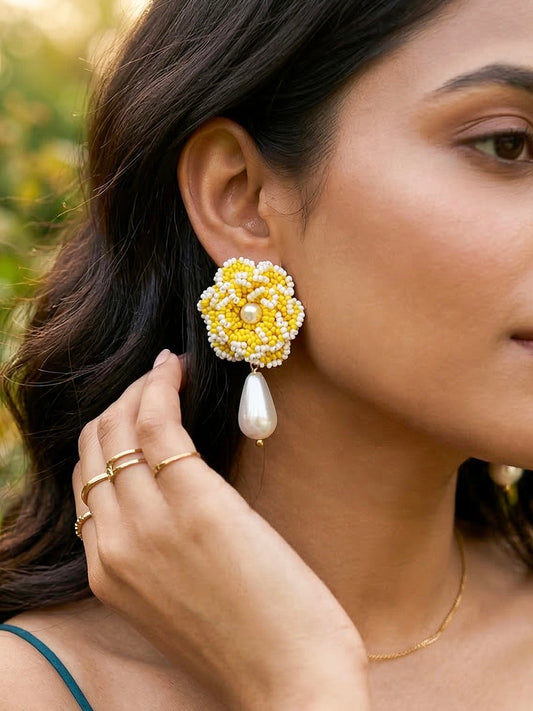 Crochet Yellow White 3D Rose Pearl Drops Flower Handmade Beaded Earrings