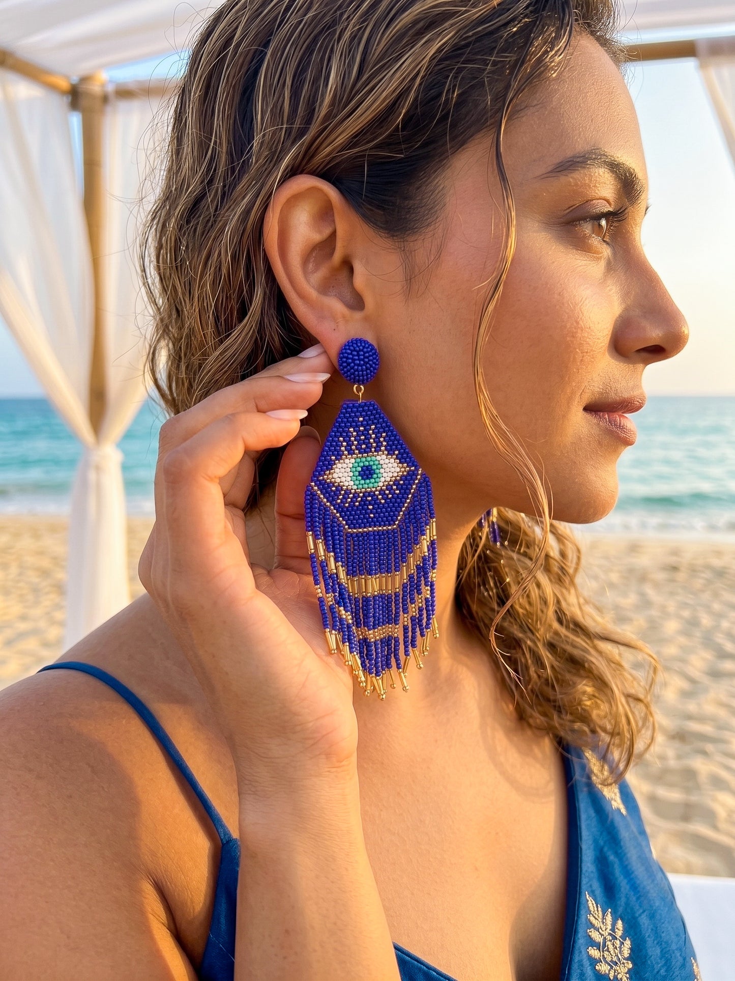 Nazarbattu Blue Evil Eye Handmade Beaded Tassel Earrings