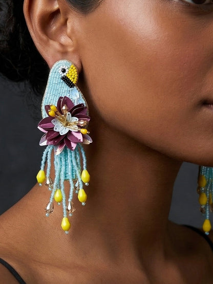 Luxe Paradise Aqua Blue Parrot Earrings Handmade Beaded Bird Earrings