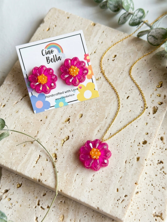 Sparkling Hot Pink Flower Handmade Beaded Necklace + Earrings Set