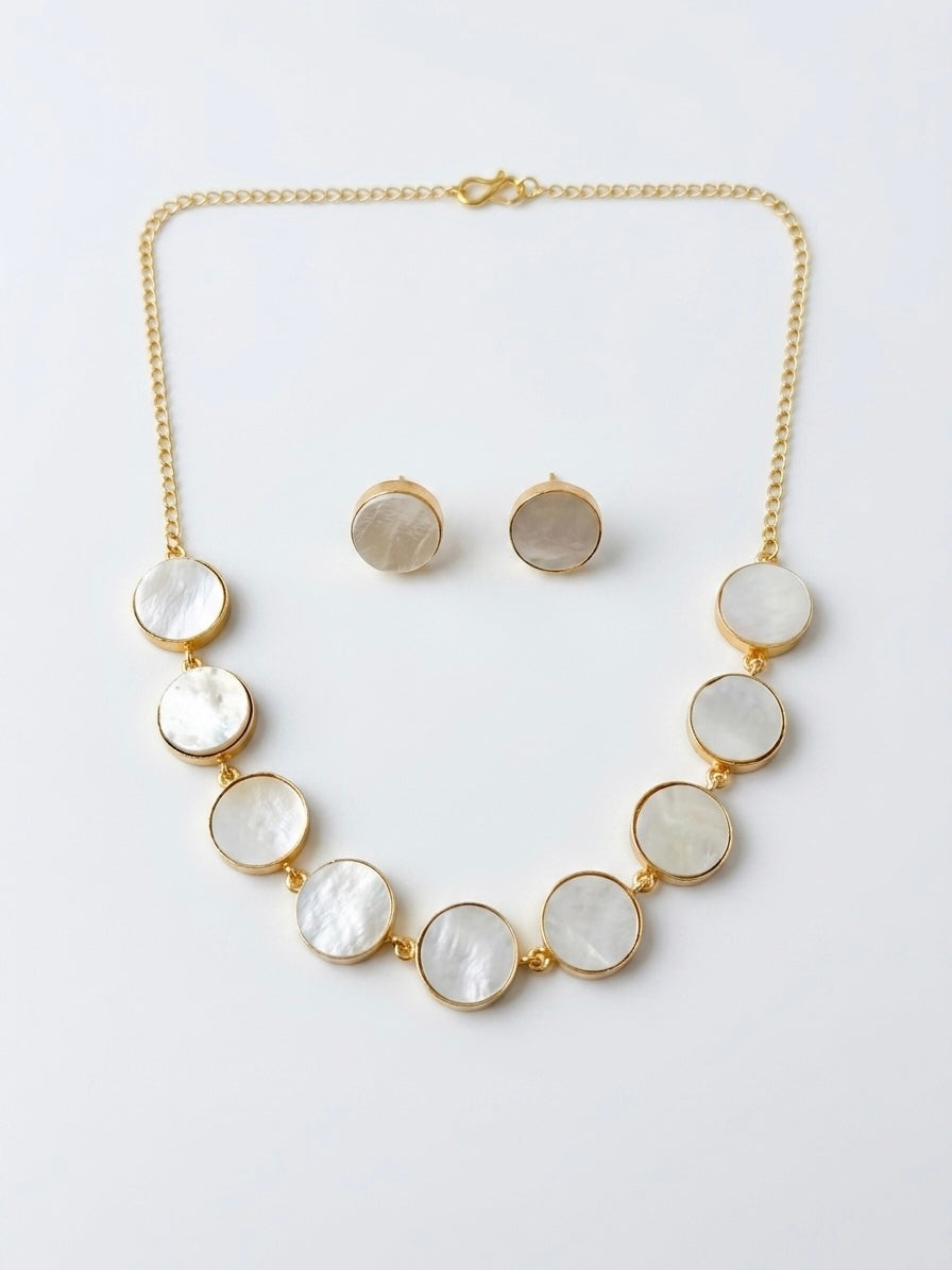Moonstone Mother of Pearl Handmade Brass Necklace + Stud Earrings Set