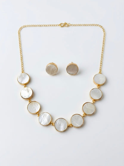Moonstone Mother of Pearl Handmade Brass Necklace + Stud Earrings Set