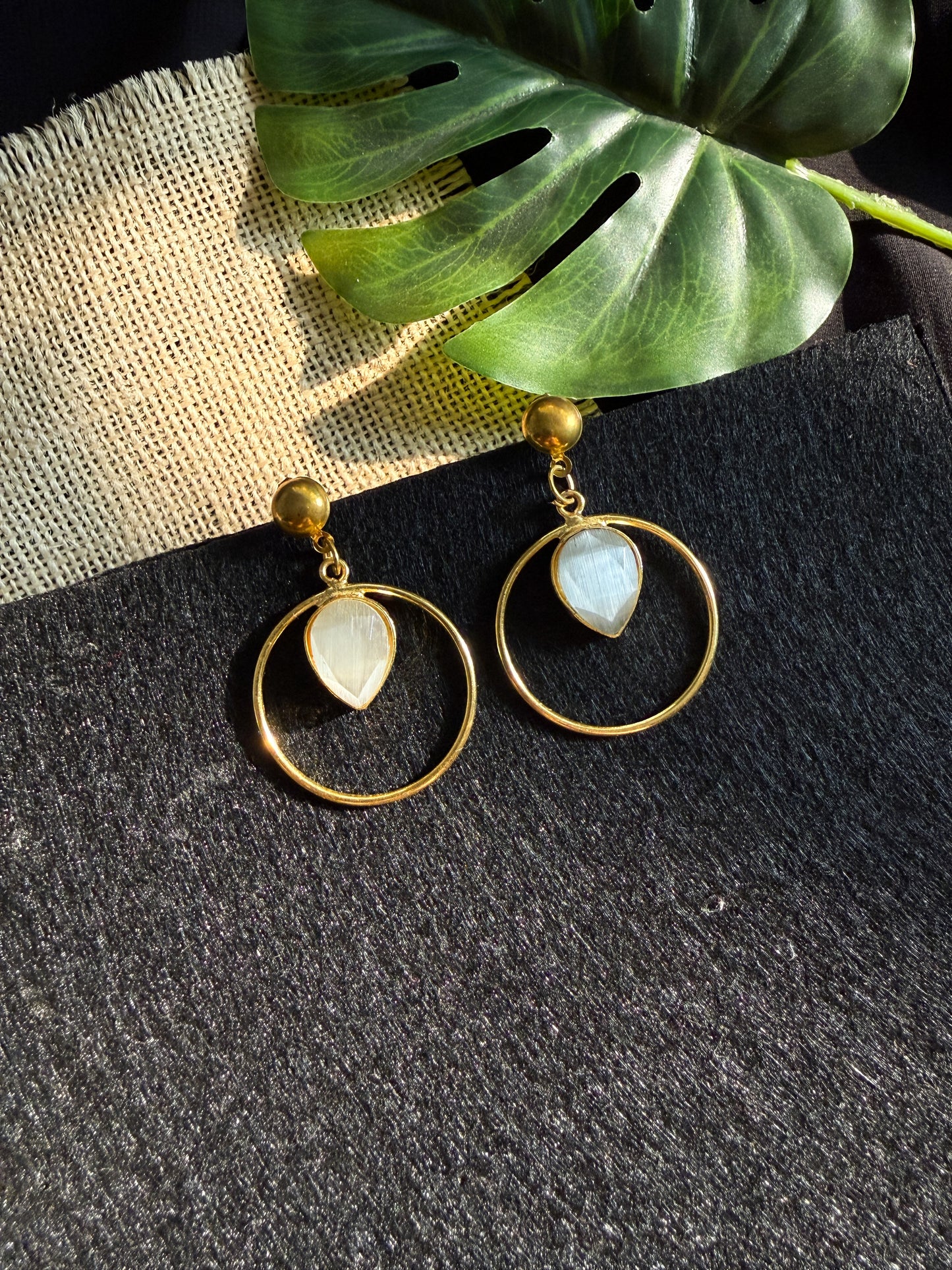 White Monalisa Teardrop Handmade Brass Earrings