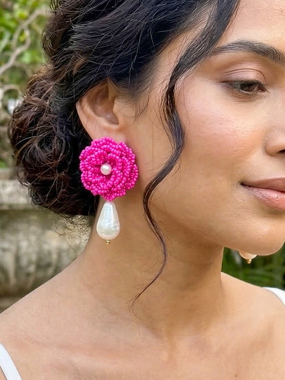Crochet Pink 3D Rose Pearl Drops Flower Handmade Beaded Earrings