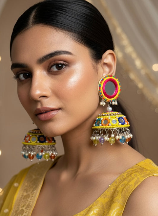 Rangili Mirror Handmade Beaded Jhumka Earrings