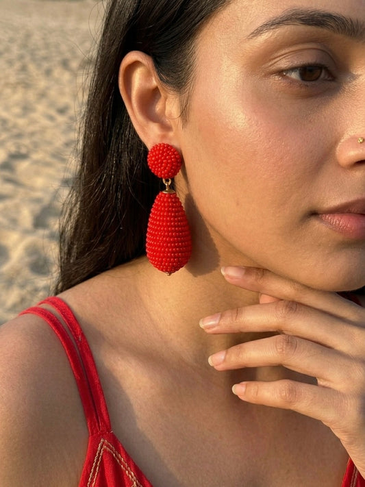 Scarlet Red Drop Handmade Beaded Earrings