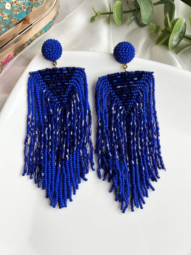 Luxe Midnight Blue Handmade Beaded Tassel Earrings