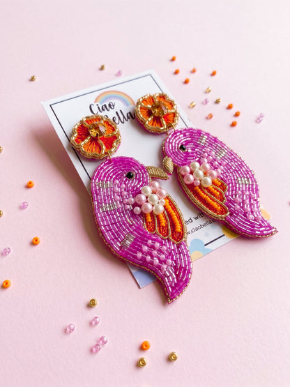 Blooming Birdie Pink Orange Handmade Beaded Earrings