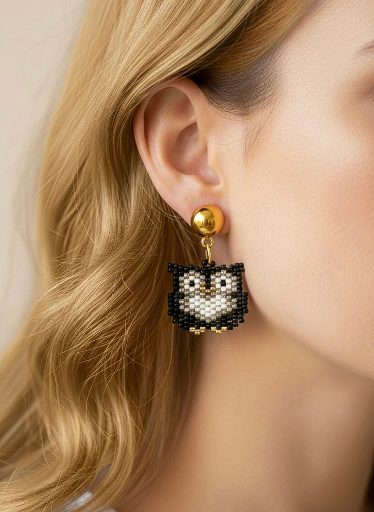 Tiny Owl Handmade Beaded Bird Earrings