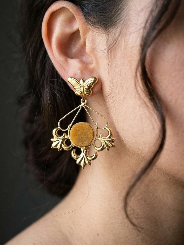 Elowen Butterfly Drops Mustard Beige Handmade Brass Earrings