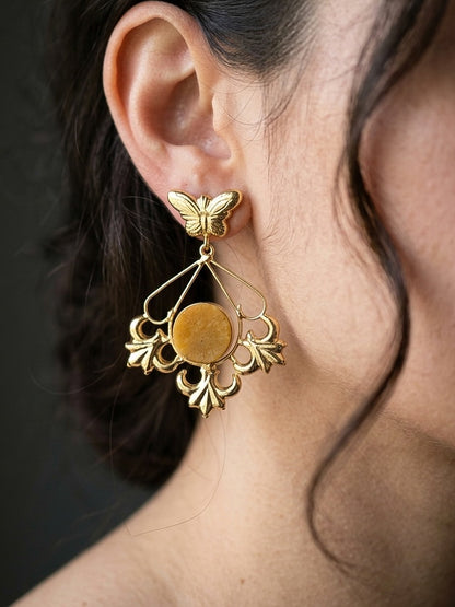 Elowen Butterfly Drops Mustard Beige Handmade Brass Earrings