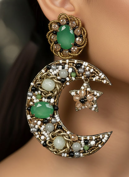 Emerald Crescent Moon & Star Handmade Beaded Statement Earrings