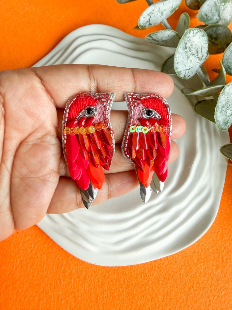 Chirpy Sunset Orange Parrot Handmade Beaded Bird Earrings