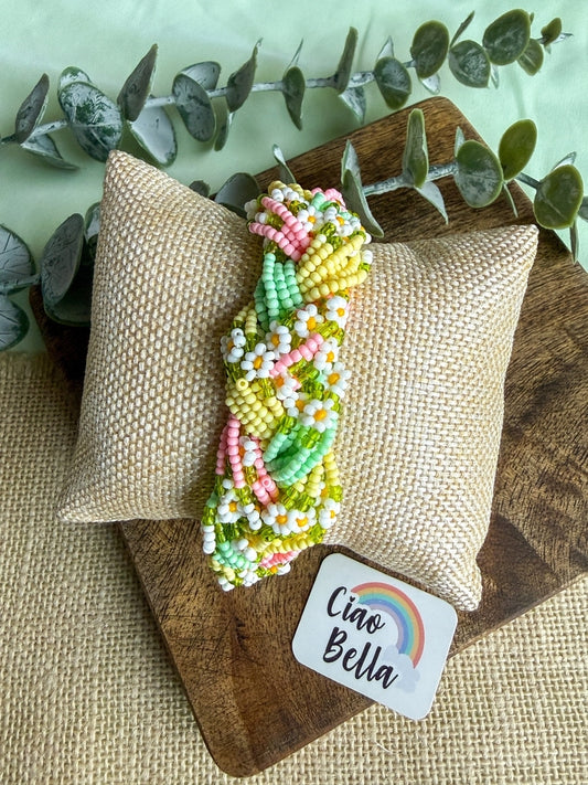 Luxe Flora Green Pink Yellow Handmade Beaded Bracelet