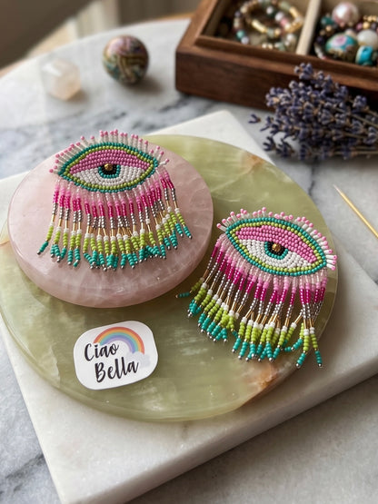 Cotton Candy Pink Evil Eye Handmade Beaded Tassel Earrings
