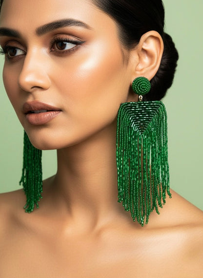 Luxe Emerald Handmade Beaded Tassel Earrings