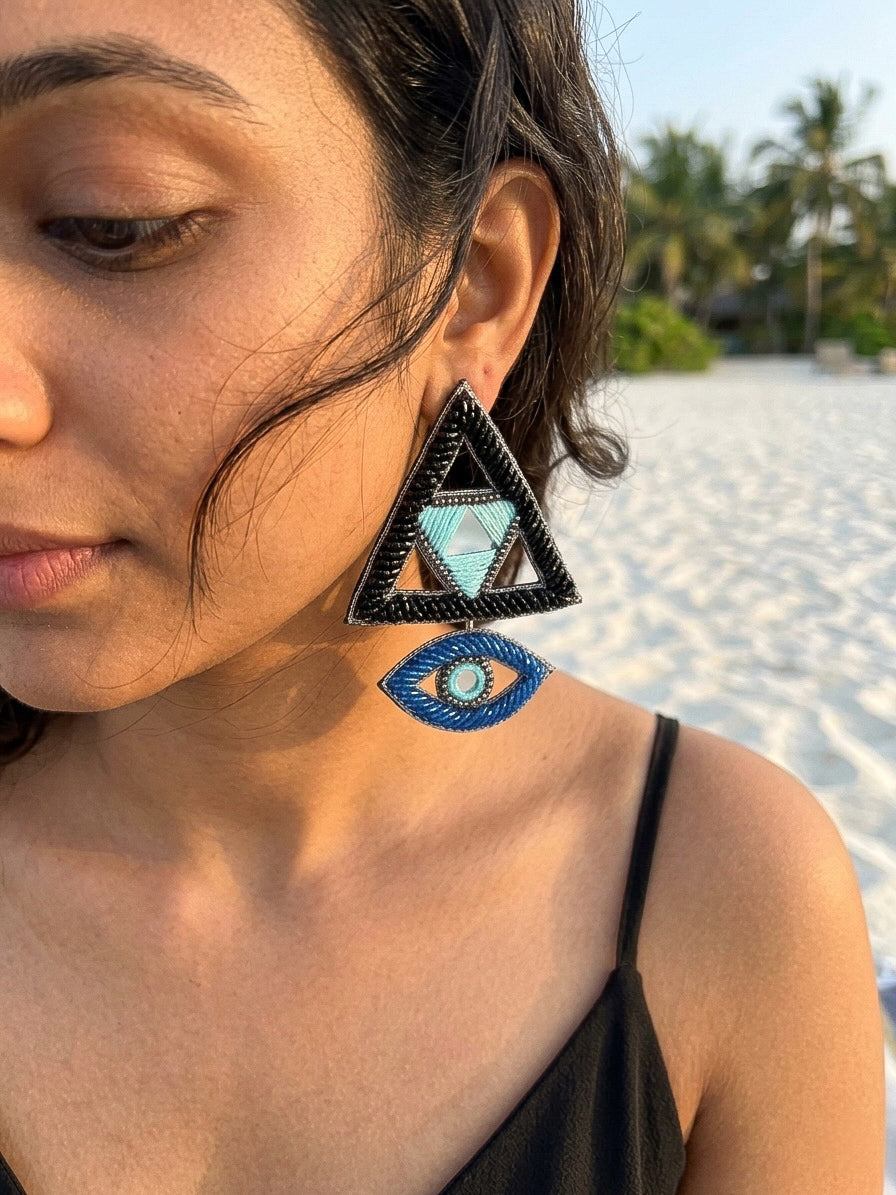 Electric Black & Blue Evil Eye Handmade Beaded Earrings