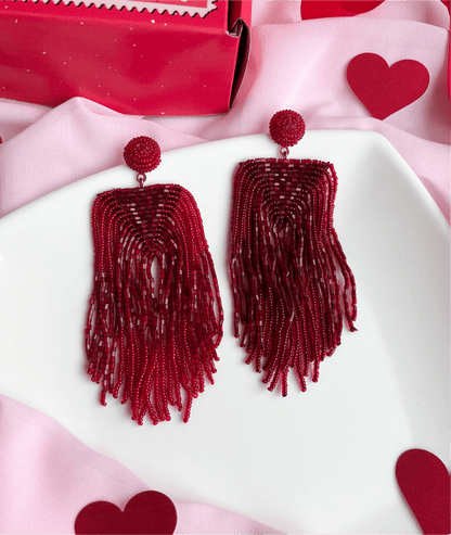 Luxe Deep Red Handmade Beaded Tassel Earrings