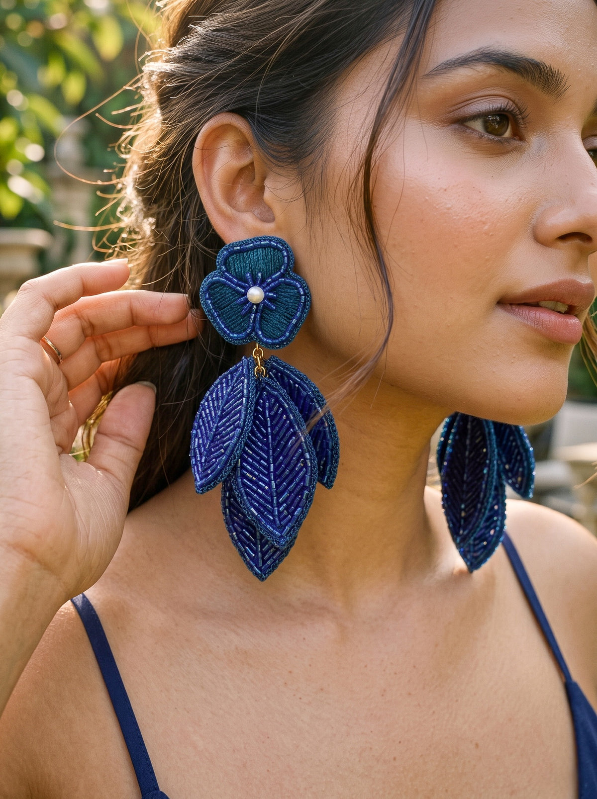 Luxe Leafy Affair Midnight Blue Handmade Beaded Earrings