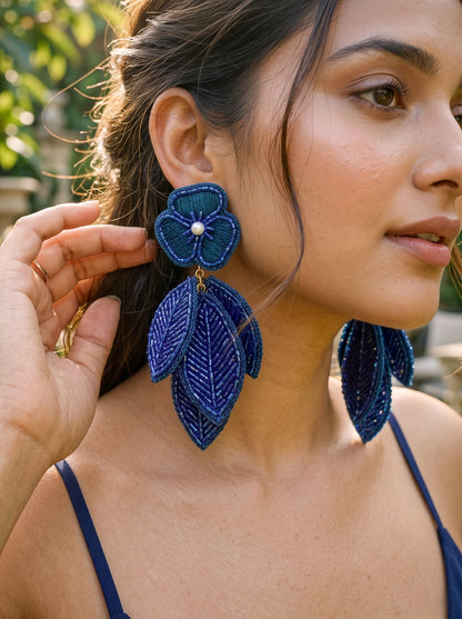 Luxe Leafy Affair Midnight Blue Handmade Beaded Earrings