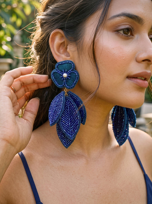 Luxe Leafy Affair Midnight Blue Handmade Beaded Earrings