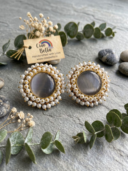 Sitara Grey Pearl Round Handmade Brass Earrings