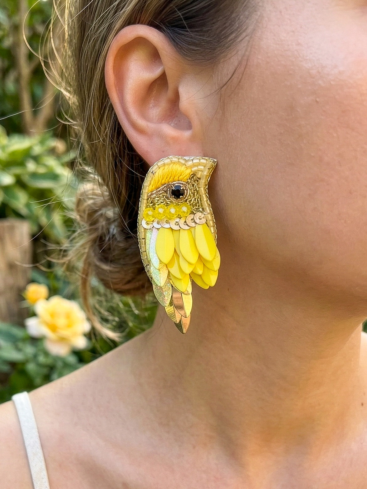 Chirpy Sunny Yellow Parrot Handmade Beaded Bird Earrings
