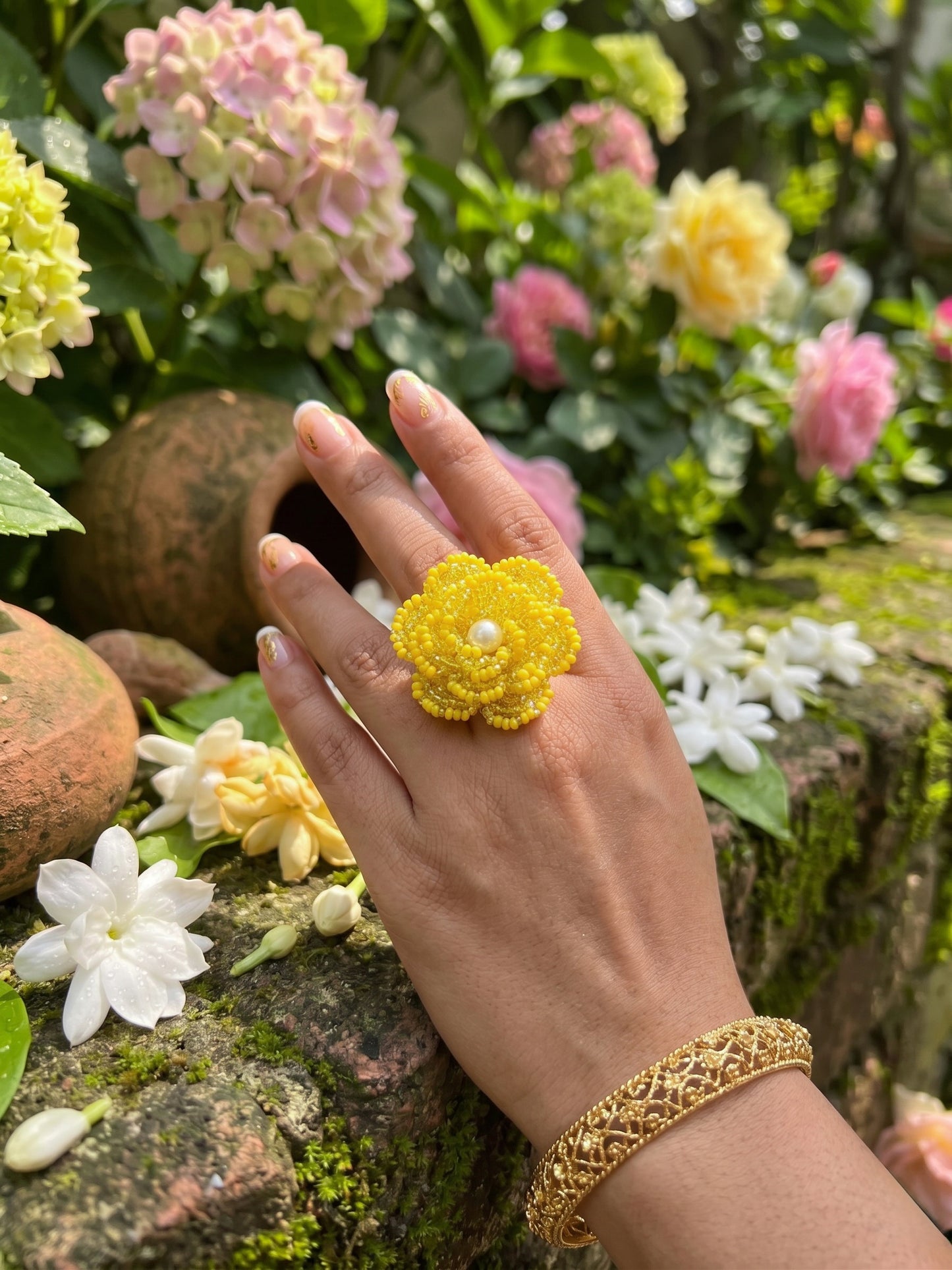 Crochet Yellow 3D Rose Flower Handmade Beaded Ring