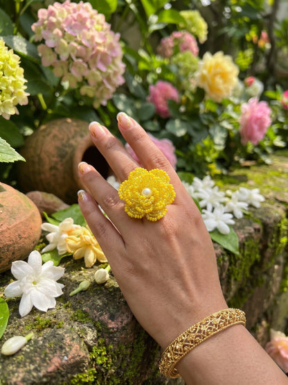 Crochet Yellow 3D Rose Flower Handmade Beaded Ring