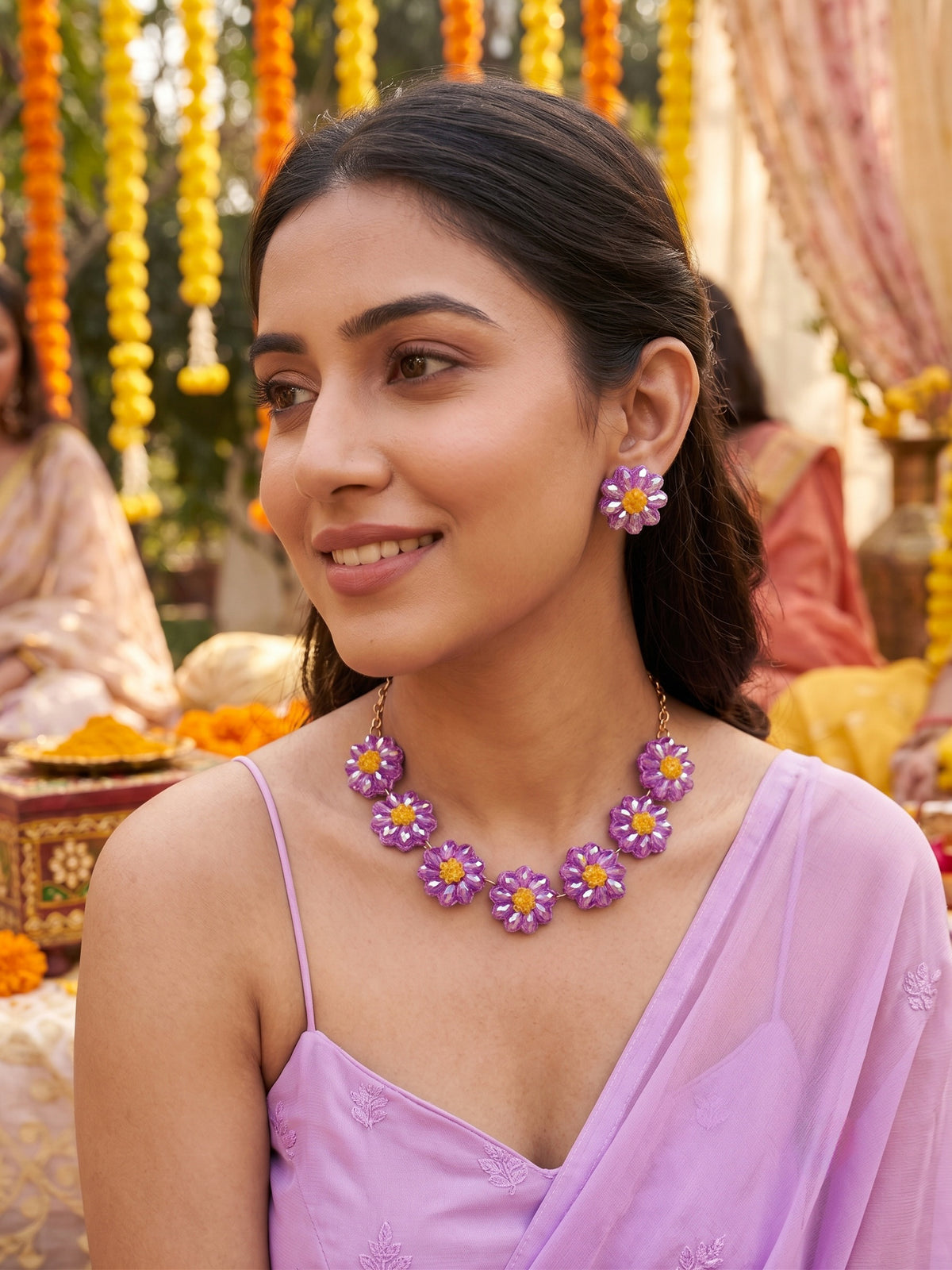Sparkling Lilac Purple Daisy Handmade Beaded Necklace + Earrings Set