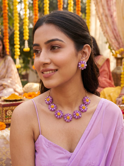 Sparkling Lilac Purple Daisy Handmade Beaded Necklace + Earrings Set