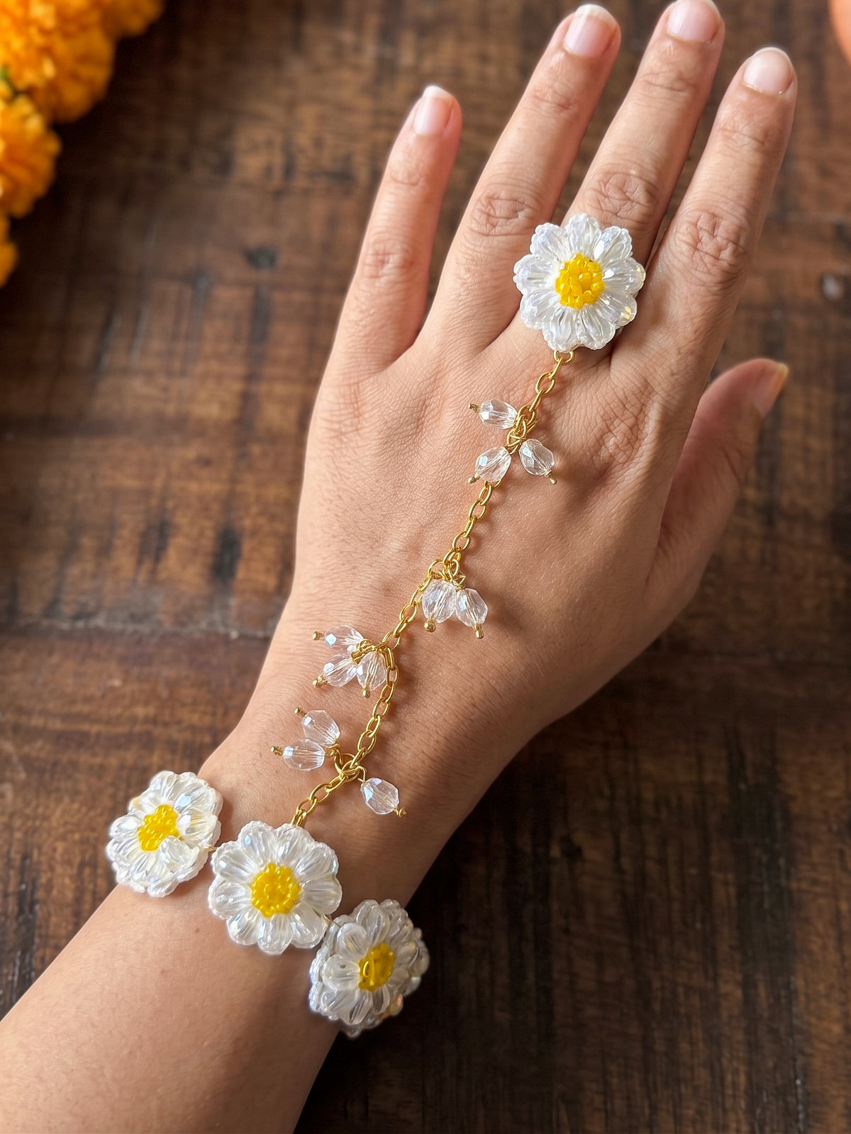 Sparkling White Daisy Handmade Beaded Hathphool (Single Hand)