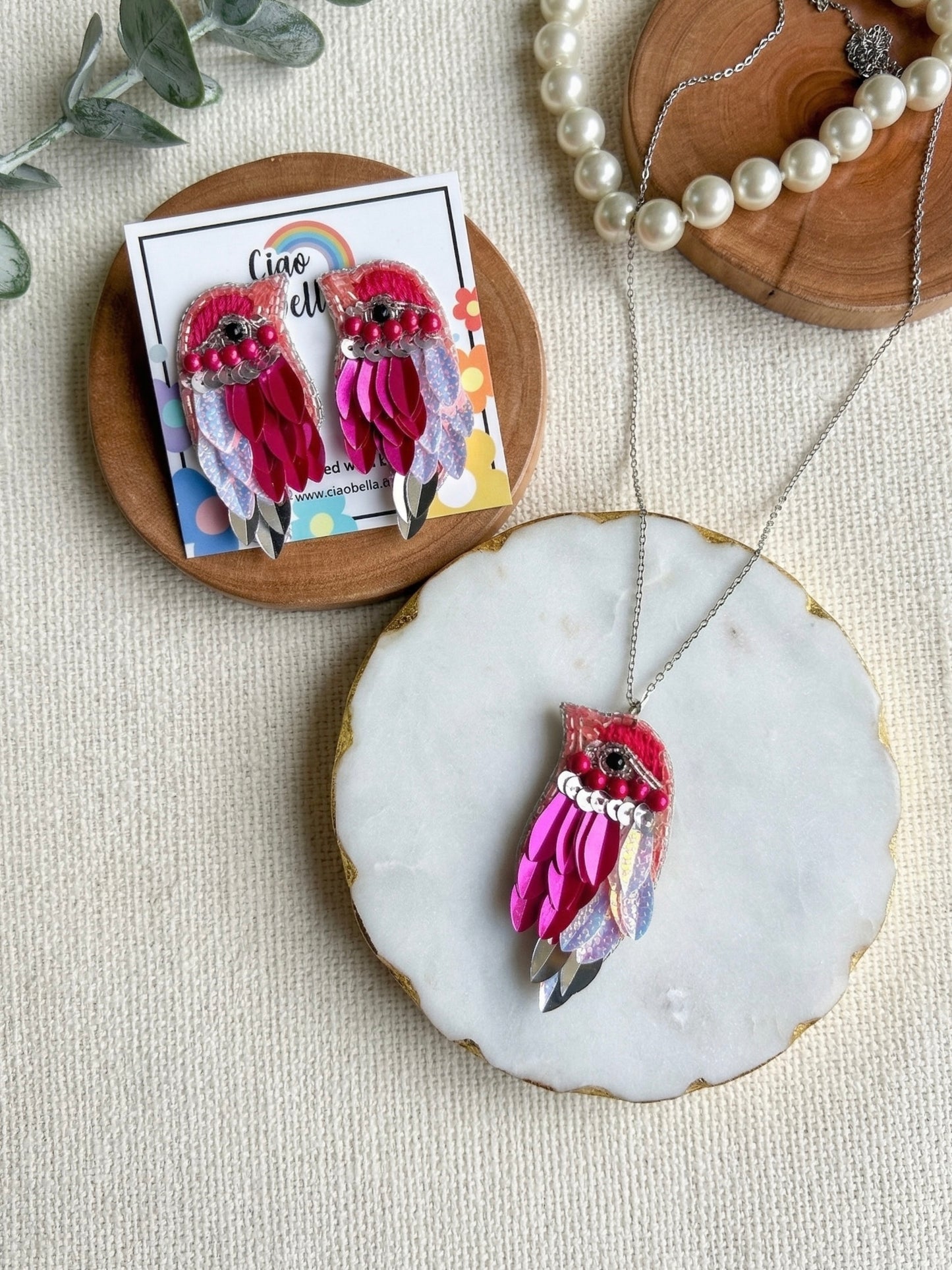 Chirpy Blush Pink Parrot Handmade Beaded Necklace + Earrings Set