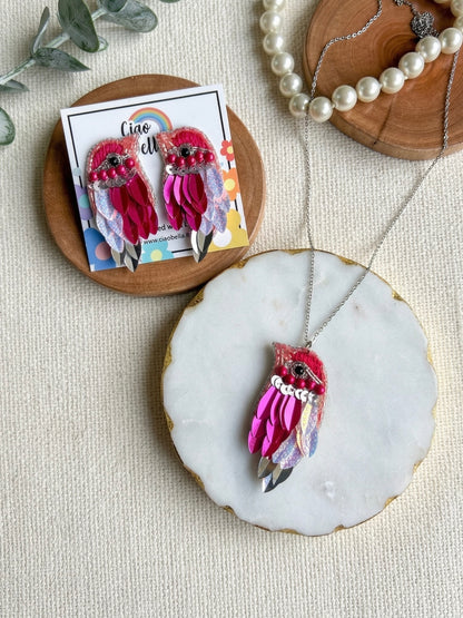 Chirpy Blush Pink Parrot Handmade Beaded Necklace + Earrings Set