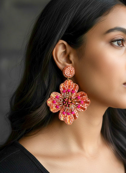 Sunset Orange Glow Flower Handmade Beaded Earrings