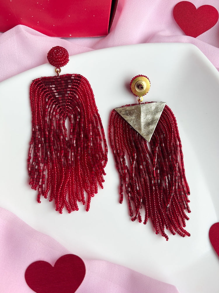 Luxe Deep Red Handmade Beaded Tassel Earrings