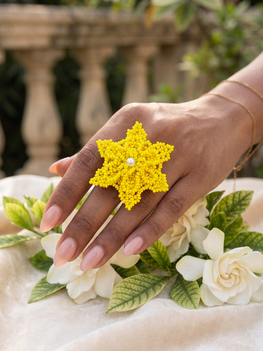 Sunshine Yellow Delicate Snowflake 3D Crochet Handmade Beaded Ring