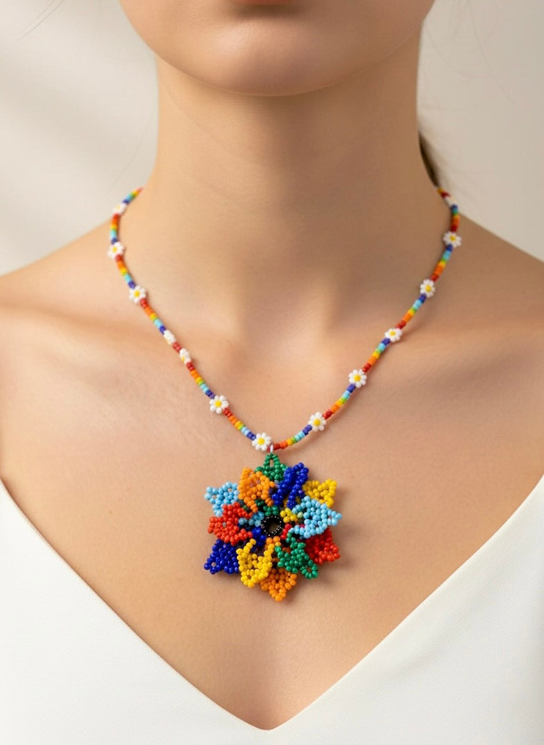 Blossoming Rainbow Flower Handmade Beaded Necklace