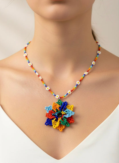 Blossoming Rainbow Flower Handmade Beaded Necklace