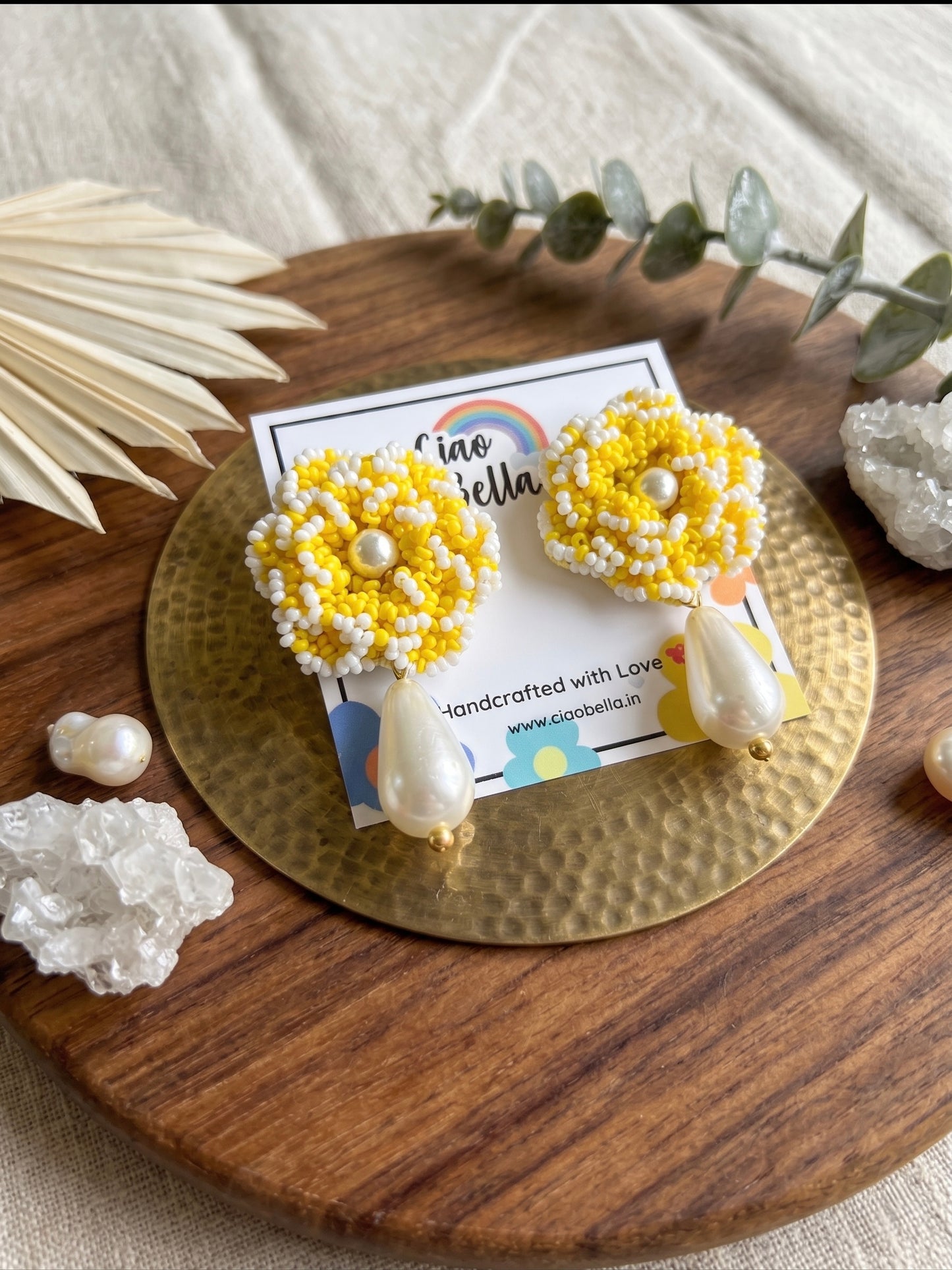 Crochet Yellow White 3D Rose Pearl Drops Flower Handmade Beaded Earrings