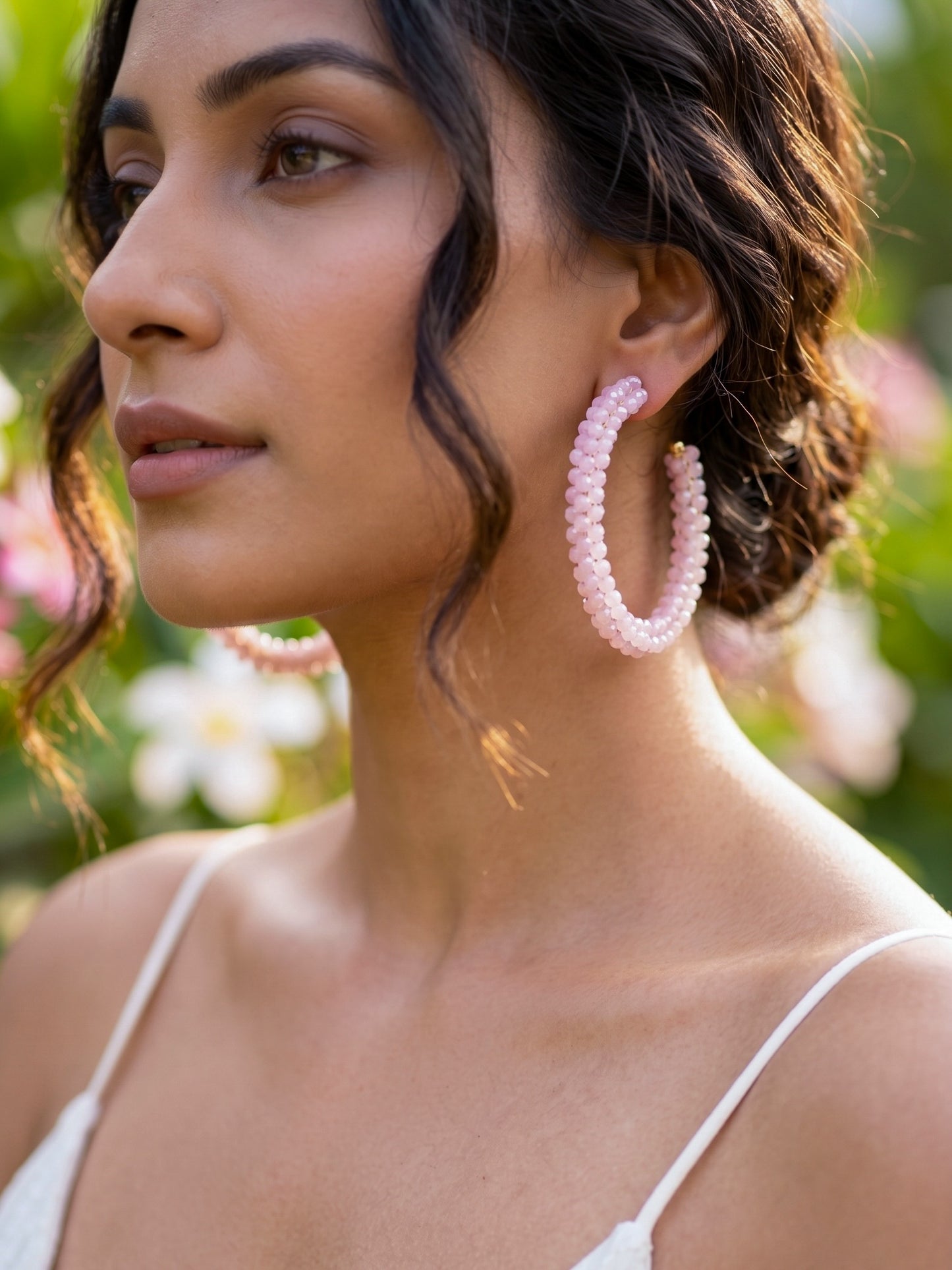 Woven Blush Pink Crystal Handmade Beaded Hoop Earrings