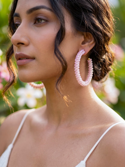 Woven Blush Pink Crystal Handmade Beaded Hoop Earrings