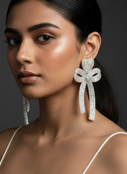 Glam Bow (Silver) Handmade Beaded Earrings