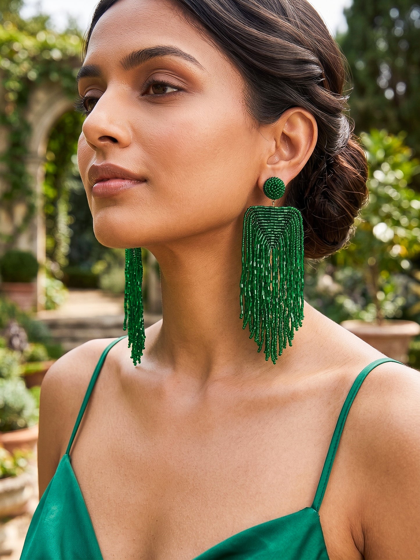 Luxe Emerald Green Handmade Beaded Tassel Earrings