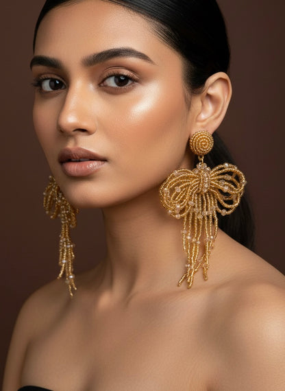 Pookie Bow (Gold) Handmade Beaded Earrings